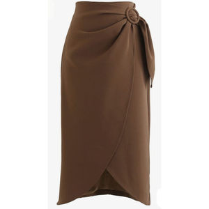 Jupe mi-longue marron chocolat pour femme avec détail anneau - Product Image 2