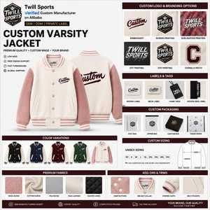 Blouson universitaire personnalisé pour homme avec logo brodé sur manches roses, col rabattable, coupe décontractée, coupe régulière, coupe-vent et respirant pour l'hiver - Product Image 5