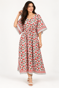 Vestido Maxi Rojo Floral Bohemio para Mujer, 100% Algodón Tejido, Cuello en V, Sin Mangas, Cintura Imperio, Holgado, Casual, Transpirable, Estilo Kaftán de Verano - Product Image 3