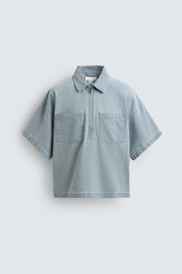 Camisa Polo Oxford de Manga Corta a Rayas para Hombre con Bolsillos en el Pecho, Camisa Polo Informal de Algodón Transpirable con Media Cremallera en Azul Claro - Product Image 3