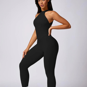 Women Solid <b>Black</b> Halter Sleeveless Full Length <b>Bodysuit</b> Seamless Four-Way Stretch Sportswear Jumpsuit - Product Image 2