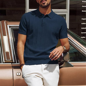 Men's Navy <b>Blue</b> Short Sleeve <b>Polo</b> <b>Shirt</b> Solid Color Knitted Cotton Casual Breathable Regular Fit Collared Design - Product Image 2