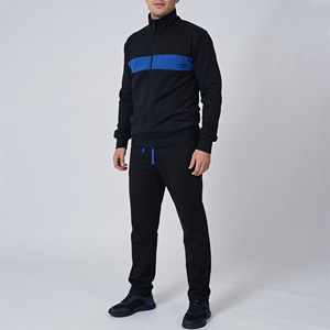Conjunto Deportivo para Hombre, para Gimnasio y Running, Azul con Franja en Contraste en el Pecho, Chaqueta y Pantalones de Poliéster y Algodón, Cuello Alto, Cierre Completo - Product Image 1