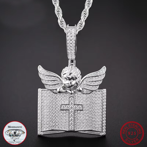 Pendentif ange biblique unisexe plaqué or 18 carats avec moissanite, charme religieux chrétien avec design croix et ailes - Product Image 4