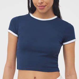 Camiseta corta de color personalizado para mujer, elástica, ajustada, con ribete en contraste, informal, estilo urbano, para verano. - Product Image 5