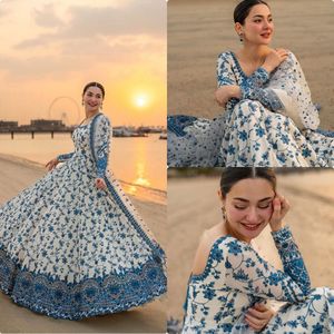 Blue Floral Embroidered Faux Georgette Salwar Kameez <b>Netted</b> Dupatta Long Sleeve Wedding Party Dress Fully Stitched Ready Indian - Product Image 2