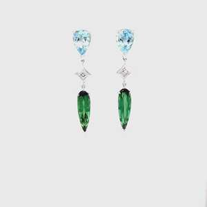 Boucles d'oreilles pendantes en or massif 18 carats avec 3,14 carats d'aquamarine Ginan, 5,68 carats de tourmaline verte et 0,30 carats de diamant de laboratoire taille carrée - Product Image 5