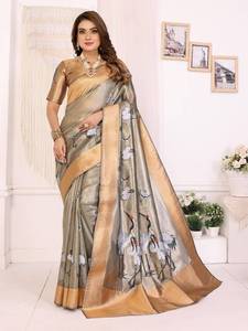 crane bird print soft silk <b>saree</b> with golden zari border luxury party wear designer <b>saree</b> with <b>blouse</b> - Product Image 4