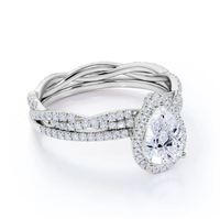 Ensemble de mariage et de fiançailles vintage Halo, bague en argent sterling plaqué, moissanite taille poire 1,75 carat, luxe antique