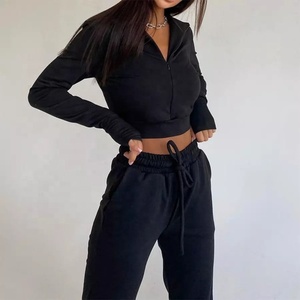 Chándal Invisible con logotipo personalizado para mujer, conjunto de 2 piezas, a la moda Top corto de manga larga, pantalones de dos piezas, primavera 2022 - Product Image 6