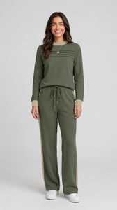 <b>Women's</b> Olive Green Color Block Tracksuit Set Crew Neck Long Sleeve Drawstring <b>Joggers</b> Sporty Casual <b>Outfit</b> - Product Image 1