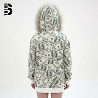 Sudadera con capucha premium personalizada para hombre, de 450 g/m², con estampado de billetes y cremallera – Capucha de piel sintética de lujo y gráfico integral de billetes de dólar