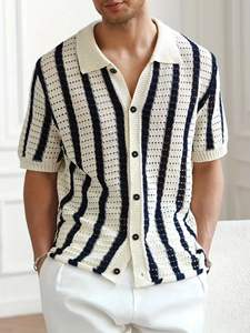 Camisa Casual de Hombre para Primavera/Verano, Manga Corta, Corte Regular, Logotipo Frontal, Rayas, Antiarrugas, Transpirable, 100% Poliéster - Product Image 3