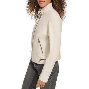 Blouson moto en similicuir crème pour femme, manches longues, col montant, fermeture éclair, style automne, coupe-vent, tissu tissé - Product Image 3
