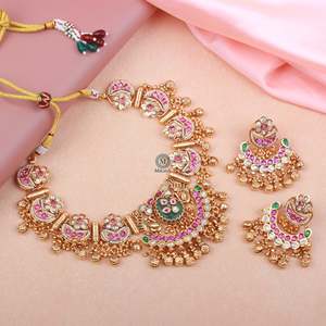 Chaandni Antique Gold-Plated Zircon Bridal Necklace Set for Festivals - Product Image 1