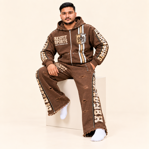 Rexfit sports 2026 Custom Custom <b>Men</b>’s <b>Brown</b> Distressed Tracksuit Zip Up <b>Hoodie</b> and Wide Leg Pants with Graphic Side - Product Image 4