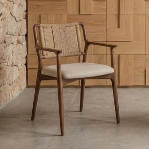 Nordic Teak Arm <b>Chair</b> with Woven Backrest Modern Upholstered <b>Dining</b> <b>Chair</b> for Luxury Contemporary Interior - Product Image 2