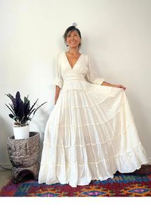 Vintage White Eco-Friendly Maxi Dress Women <b>Boho</b> V-neck Shoulder Spaghetti Strap Embroidery Hollow Natural Waist Organic Cotton - Product Image 3