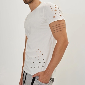 Camiseta Blanca de Manga Corta para Hombre, Cuello Redondo, Corte Ajustado, Tejido de Punto Jersey, Color Sólido con Detalles Recortados, Estilo Casual - Product Image 4