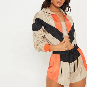 <b>Women</b> Color Blocking Hooded Windbreaker <b>Jacket</b> Set With Drawstring Waist Sporty Tracksuit Full Sleeve Lightweight Spring Wear - Product Image 4