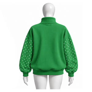 <b>Green</b> Oversized <b>Women</b> Mock Neck Sweatshirt Pearl Studded Sleeve Pullover Loose Fit Casual Streetwear Long Sleeve Winter Fashion - Product Image 2