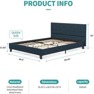 Letto matrimoniale Mecor Queen con piattaforma, testiera imbottita in lino, robuste doghe in legno, facile montaggio, letto imbottito resistente - Product Image 4