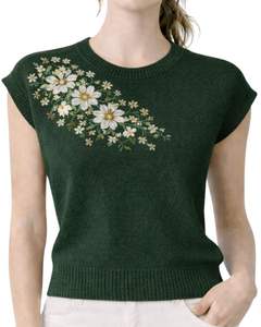 Gilet d'été décontracté et élégant pour femme, vert foncé personnalisé, sans manches, en tricot, avec broderie florale, col rond, doux et léger - Product Image 1