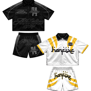 Cropped <b>Mesh</b> Jersey Shirt & Shorts <b>Set</b> | Graphic Streetwear <b>Two</b> <b>Piece</b> <b>Set</b> | OEM Private Label Manufacturer - Product Image 1