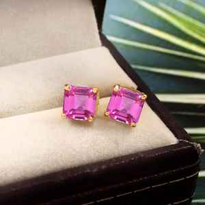 Pendientes de zafiro rosa con corte Asscher, plata de ley 925, chapados en oro de 14 quilates, joyería de boda para mujer - Product Image 3