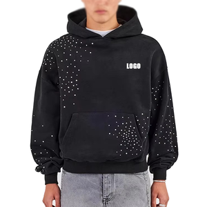 Custom Logo <b>Drop</b> Shoulder Fleece Heavyweight Polyester/Cotton 400g <b>Acid</b> Washed Cropped Regular Fit Sweet Rhinestone Hoodie Men - Product Image 1