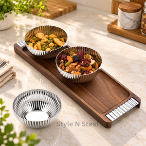 Plateau de service en bois nordique avec ensemble de bols à collation en acier inoxydable, plateau décoratif pour fruits secs et noix, idéal pour la maison et les fêtes - Product Image 6