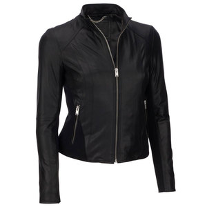 Women Genuine Leather Moto <b>Biker</b> <b>Jacket</b> Full Sleeve Zipper Closure Stand Collar Solid Color Regular Length Autumn/Winter Wear - Product Image 2