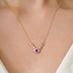 Hot Sale New Arrivals July Birthstone <b>Ruby</b> & Diamond Halo Pendant <b>Necklace</b> Fine Women's 14K Real Yellow Gold Jewelry Supplier - Product Image 2