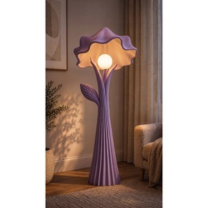Lampe sur pied moderne à fleurs violettes avec un design de tige et de feuilles courbées, éclairage décoratif contemporain - Product Image 6