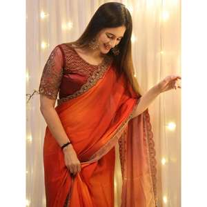 Atractivo rojo bordado satén ropa festiva sari con blusa - Product Image 3