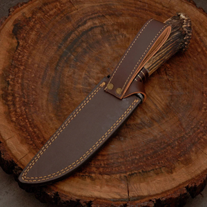 Cuchillo Bowie de hoja fija de Damasco de grado industrial de Pasha Enterprises, mango de asta de ciervo, espiga completa, cuchillo utilitario para exteriores. - Product Image 6