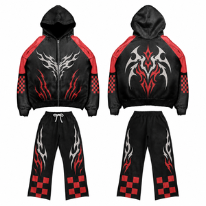 Survêtement personnalisé surdimensionné en coton épais imprimé avec motif graphique, tissu doux et respirant, sweat à capuche et pantalon évasé unisexe - Product Image 1