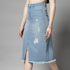 Fashion Vintage Wholesale Casual Straight Jeans Ladies Blue Denim Women's High Waist Slit Hem Rough Style Denim Long Skirt - Product Image 2
