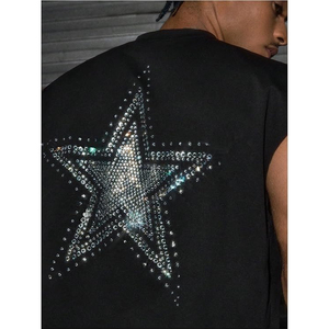 <b>Men's</b> Sleeveless <b>Crop</b> Tank <b>Top</b> With Rhinestone Star Design O-Neck Street Style Jersey Vest Regular Fit Geometric Pattern - Product Image 4
