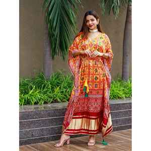 DISEÑADOR IMPRESO KAFTAN PURE SATIN COSTADO COMPLETO DESPIECE DE FIESTA NARANJA - Product Image 1