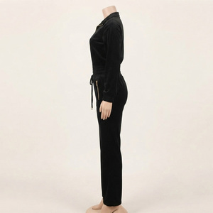 Ensemble de survêtement tricoté pour femme, style urbain, à manches longues, avec fermeture éclair, col à capuche, patchs unis, coupe ajustée, hiver, noir, 2 pièces - Product Image 2