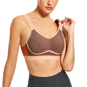 Seamless Sports Bra With Brown Panel And <b>Peach</b> Trim Support Workout Fitness Bra - Product Image 3