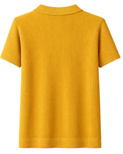 เสื้อโปโลผู้ชายสีเหลืองมัสตาร์ด แขนสั้น ผ้าถักลายริบ ทรงเข้ารูป สไตล์ลำลองสำหรับฤดูร้อน รับผลิตตามแบบ OEM พร้อมสกรีนโลโก้ ขายส่ง - Product Image 5