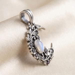 Pendentif Charme Vintage Fleur et Lune Croissante en Argent S925 avec Pierre de Lune et Gemme Bleue Violette, Bijou de Fiançailles, Cadeau pour Elle - Product Image 5