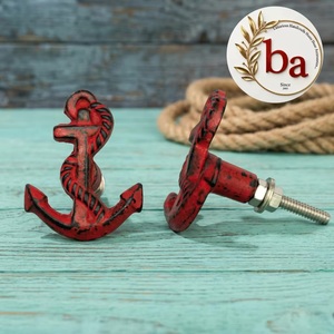 Poignée de tiroir et de meuble en fonte rouge antique, motif ancre, design industriel vieilli, style côtier, pour chambre et bureau à domicile - Product Image 1