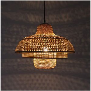 Eco-Friendly Woven Dark Bamboo Lampshade Tiered Structural Pendant Light Fixture Rustic Chandelier <b>Lamp</b> for <b>Kitchen</b> Island - Product Image 2