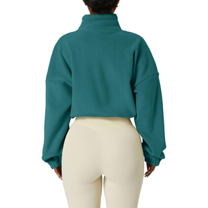 Women's <b>Teal</b> Fleece Zip-Up Crop Sweatshirt Oversized Stand Collar Drop-Shoulder Full Sleeve Autumn Wear Solid Color Unlined - Product Image 2