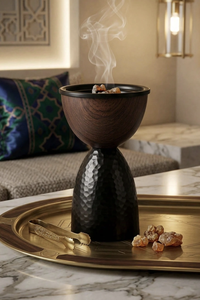 Decorative Wooden Bakhoor Burner with Metal Lid and Hammered Base for Incense Burning <b>Home</b> Decor and Tabletop Decoration - Product Image 3