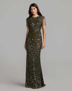 Elegant Sheath <b>Gown</b> <b>Floor</b>-<b>Length</b> Sequined Floral Pattern O-Neck Cap Sleeve Built-in Bra Anti-Wrinkle 100% Evening Dress - Product Image 4