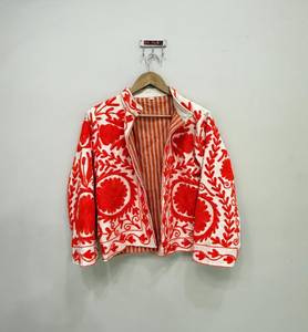 Hand Embroidered Suzani <b>Jacket</b> Women Red Floral Cotton <b>Kantha</b> Quilted Reversible Coat Vintage Ethnic Open Front Short Outerwear - Product Image 1